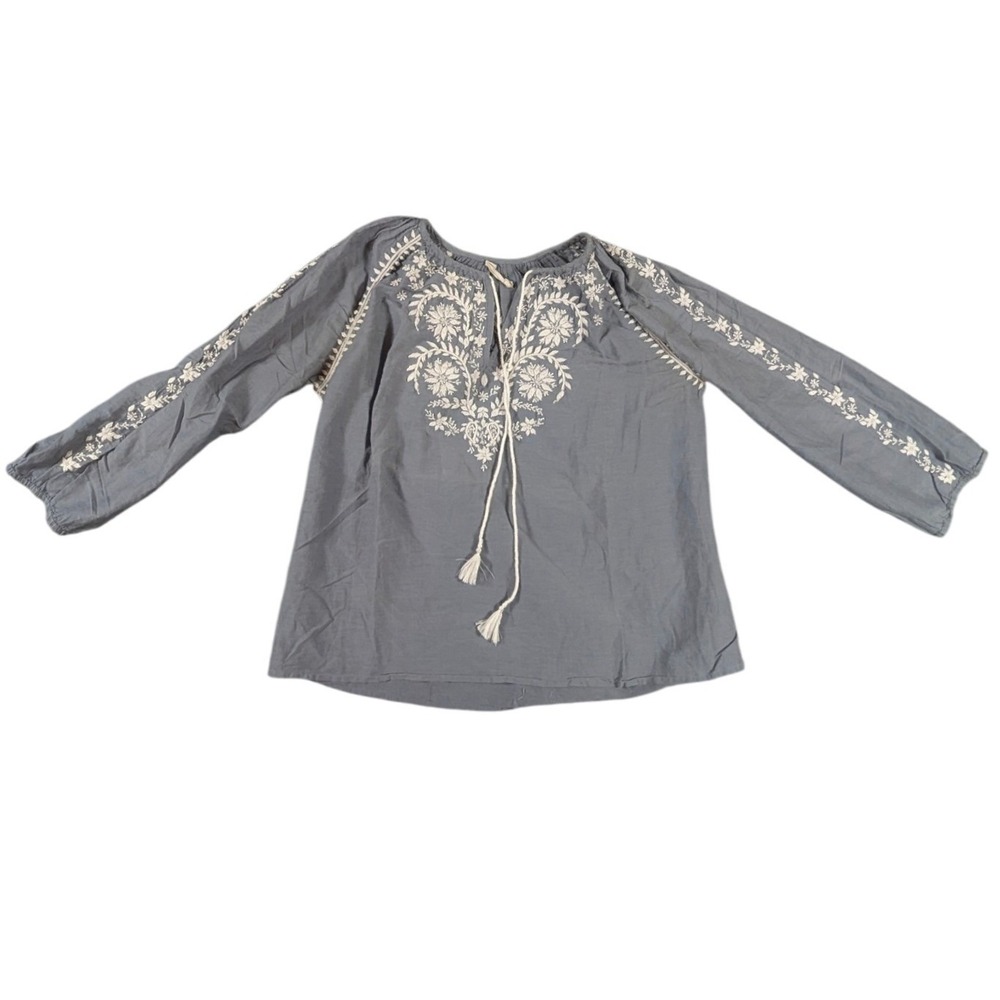 Shoplatitude Dusty Blue Cotton Silk Embroidered Boho Peasant Blouse Top S/M
